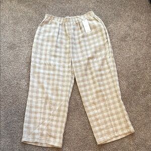 Plaid Beige Wide-Leg Linen Pants